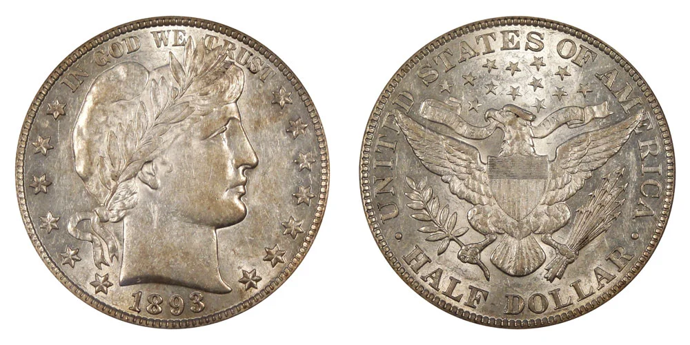 1893 Barber Half Dollar obverse showing Liberty bust with LIBERTY headband, key date example