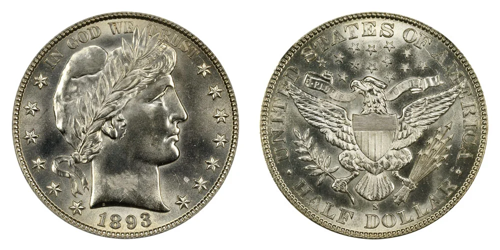 Comparison of 1893-S Barber Half Dollar reverse showing S mint mark below eagle versus 1893 Philadelphia reverse with no mint mark