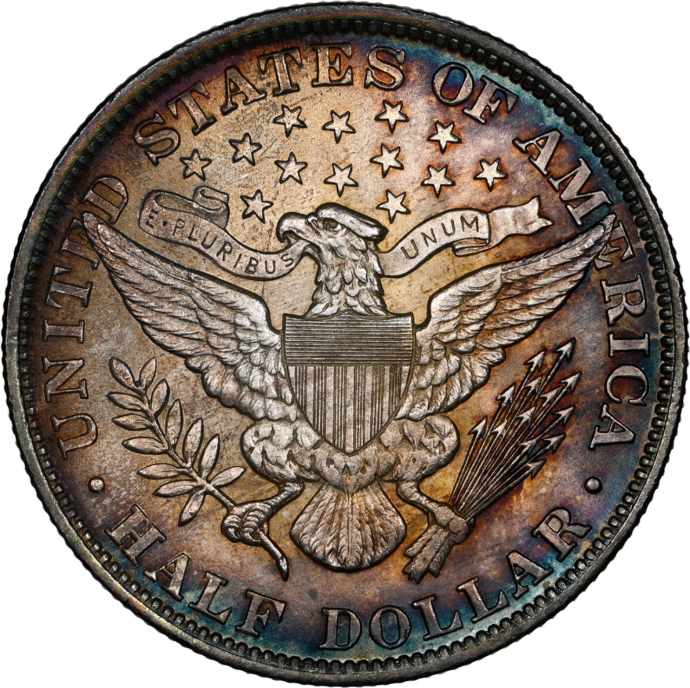 1893 Barber Half Dollar Tripled Die Reverse FS-801 showing tripling on reverse lettering visible under magnification