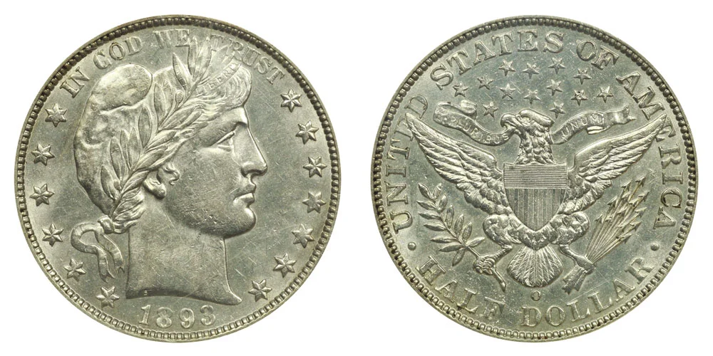 1893-O Barber Half Dollar Misplaced Date (MPD) variety showing partial digit in the denticles near the date