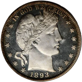 1893 Barber Half Dollar proof coin showing mirror-like reflective fields and frosted Liberty device characteristic of a proof strike