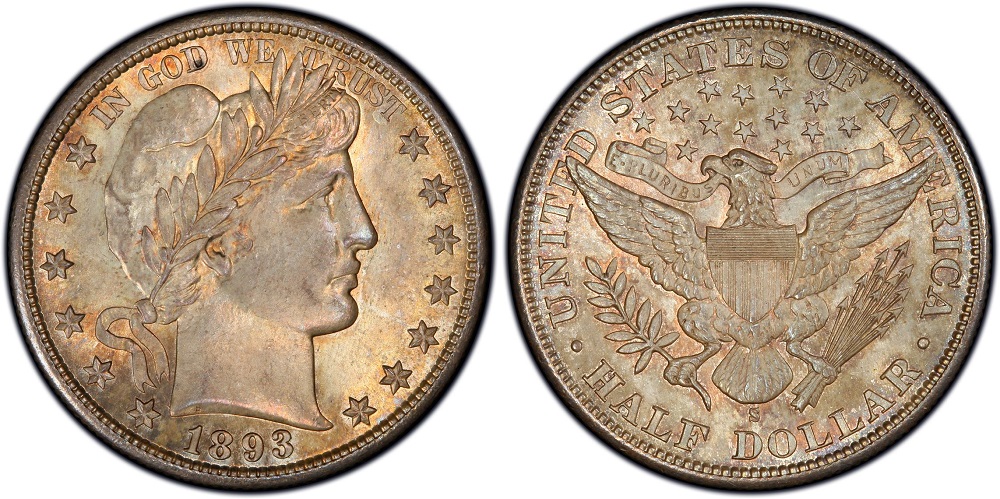 Group display of all five 1893 half dollar issues including Barber Philadelphia, New Orleans, San Francisco, Columbian Exposition, and Proof