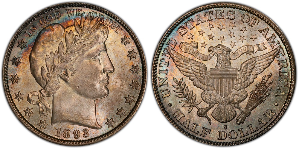 Barber Half Dollar grading strip showing four condition tiers: Good (G-4), Fine (F-12), Extremely Fine (EF-40), and Mint State side by side